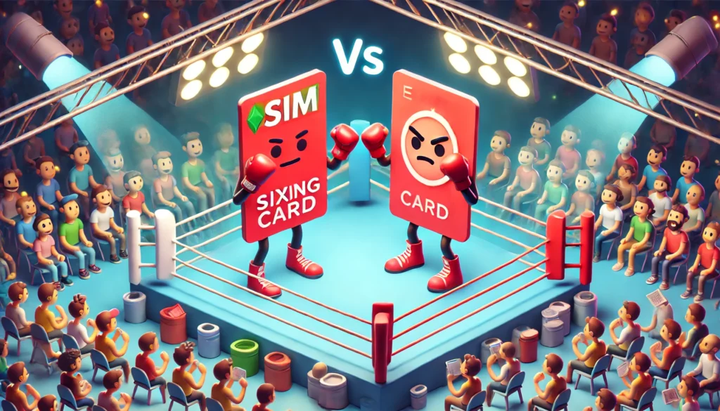 DALL·E 2024-07-29 19.52.55 - A boxing ring with a SIM card and an eSIM card fighting. Both cards have arms and legs, and are colored red. The SIM card is wearing boxing gloves and